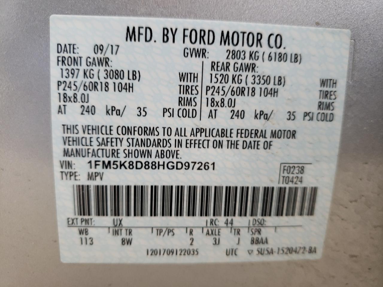 Photo 10 from auction – 2017 FORD EXPLORER X with VIN 1FM5K8D88HGD97261