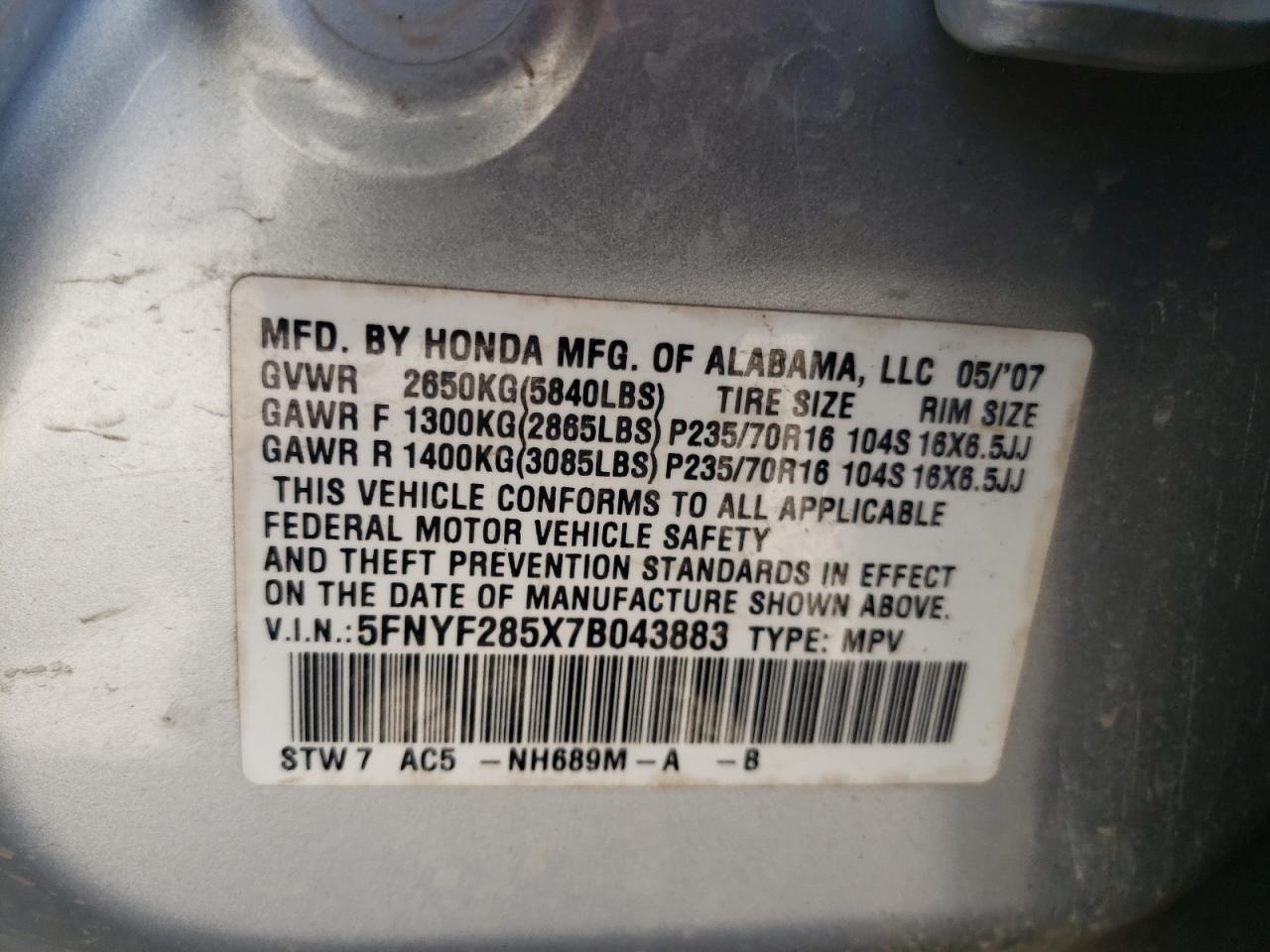 Photo 10 from auction – 2007 HONDA PILOT EXL with VIN 5FNYF285X7B043883