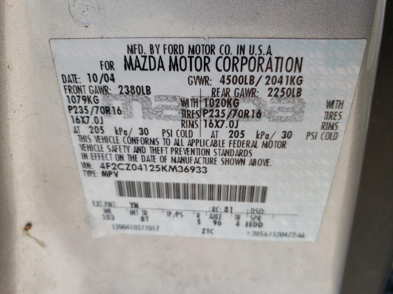 Photo 10 from auction – 2005 MAZDA TRIBUTE S with VIN 4F2CZ04125KM36933