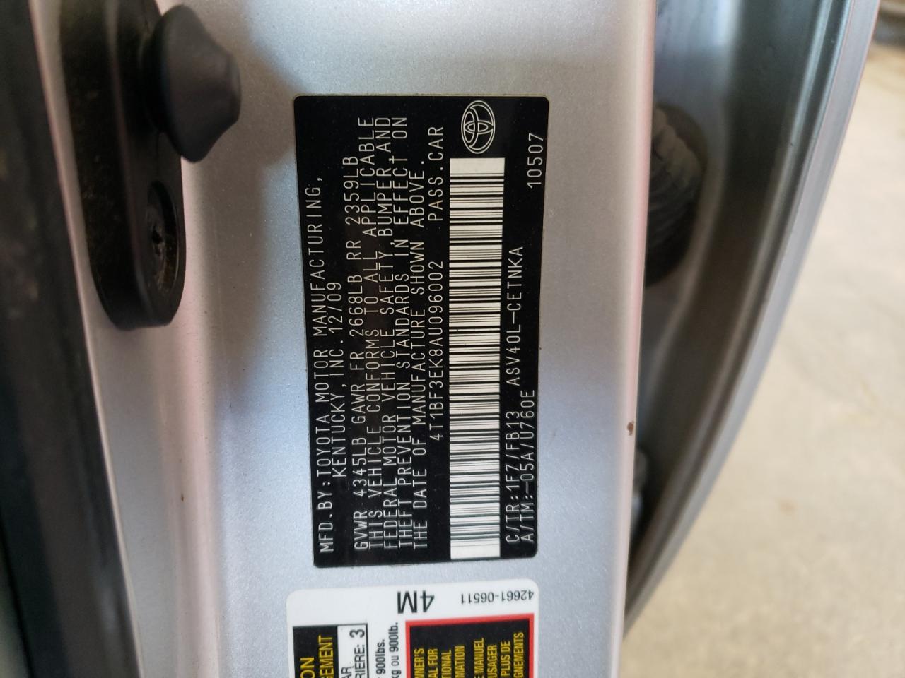 Photo 10 from auction – 2010 TOYOTA CAMRY BASE with VIN 4T1BF3EK8AU096002