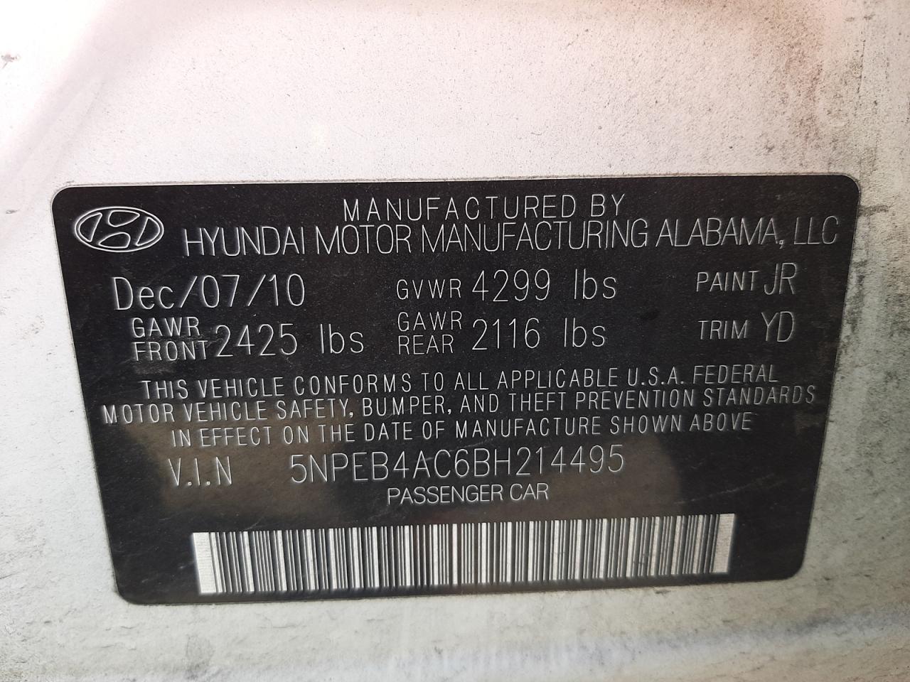 Photo 10 from auction – 2011 HYUNDAI SONATA GLS with VIN 5NPEB4AC6BH214495