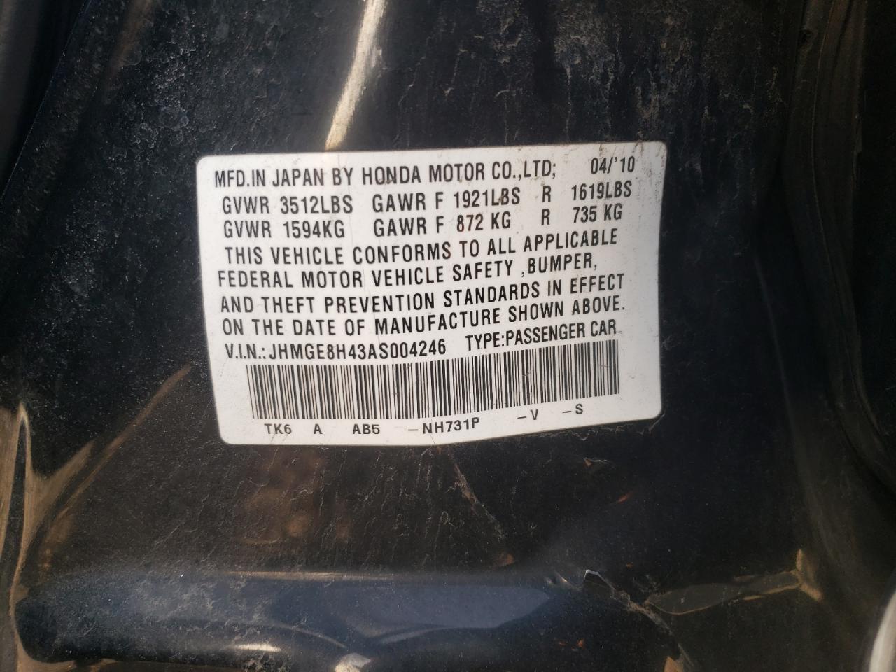 Photo 10 from auction – 2010 HONDA FIT with VIN JHMGE8H43AS004246