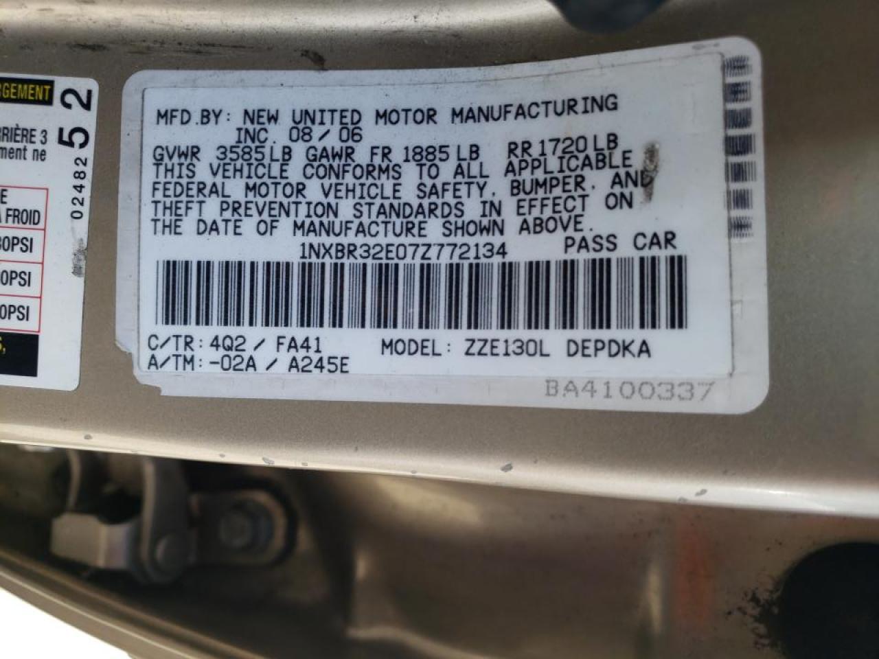 Photo 10 from auction – 2007 TOYOTA COROLLA CE with VIN 1NXBR32E07Z772134