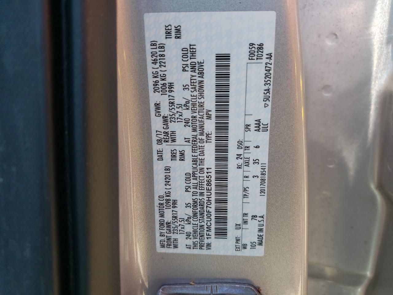 Photo 10 from auction – 2017 FORD ESCAPE S with VIN 1FMCU0F70HUE86511
