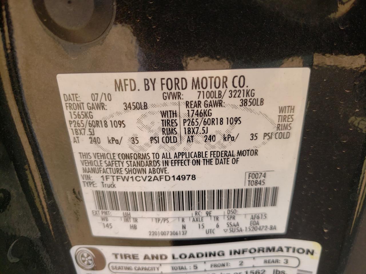 Photo 10 from auction – 2010 FORD F150 SUPER with VIN 1FTFW1CV2AFD14978