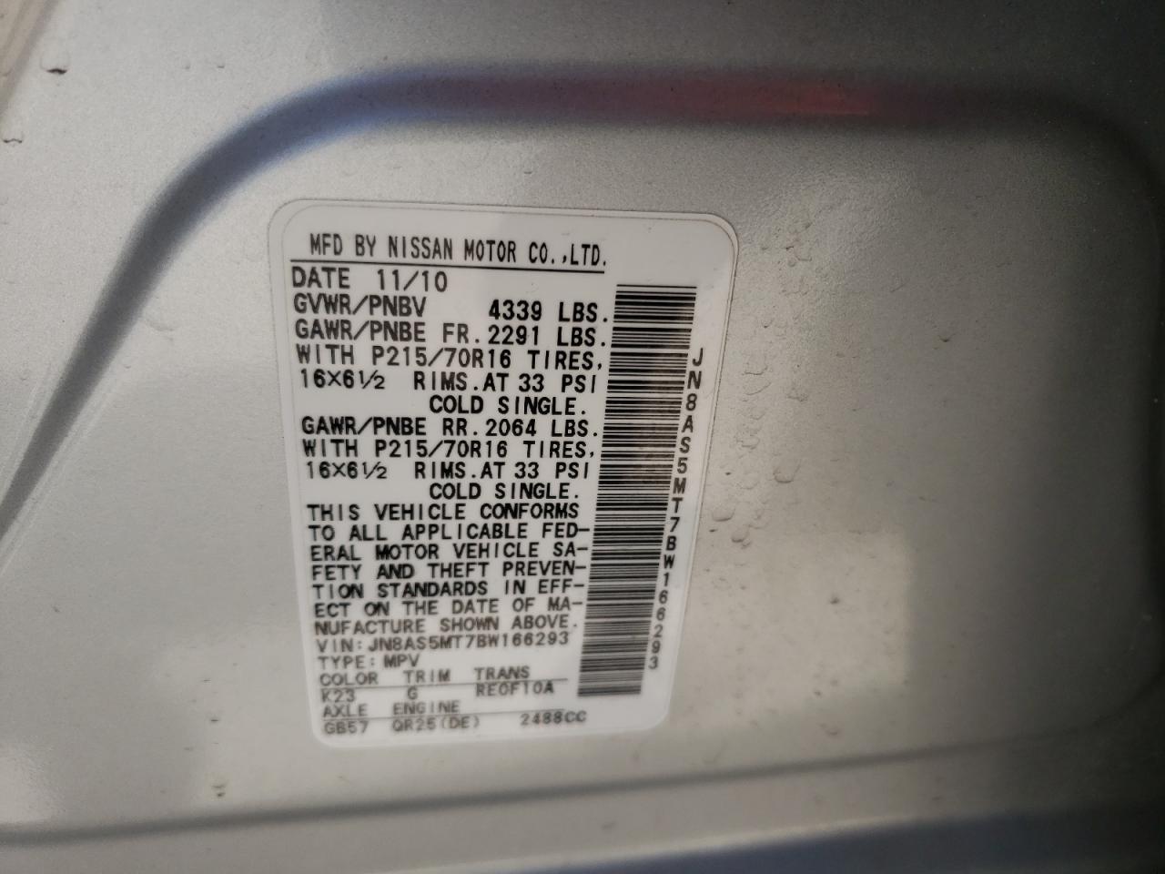 Photo 10 from auction – 2011 NISSAN ROGUE S with VIN JN8AS5MT7BW166293