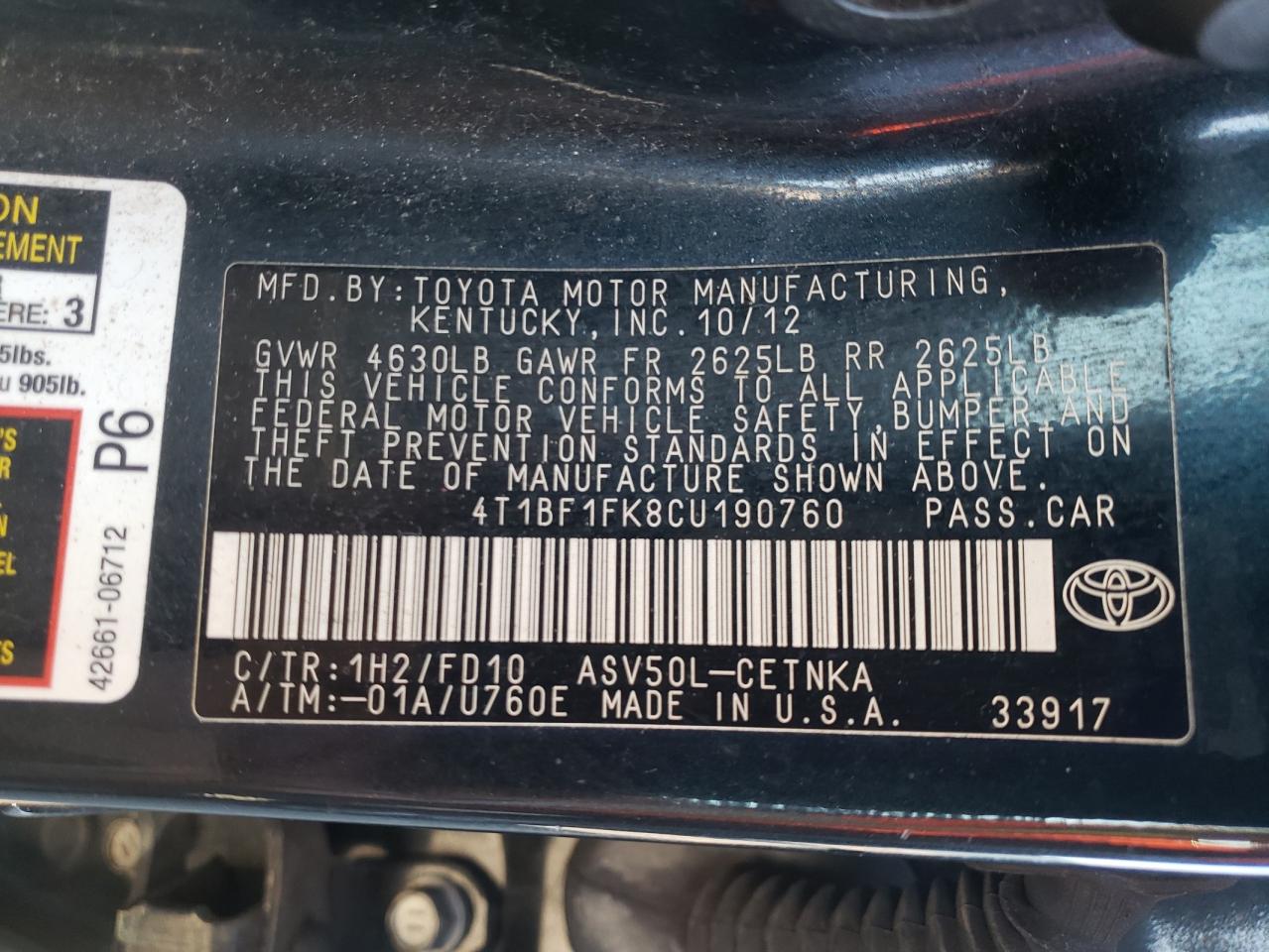 Photo 10 from auction – 2012 TOYOTA CAMRY BASE with VIN 4T1BF1FK8CU190760