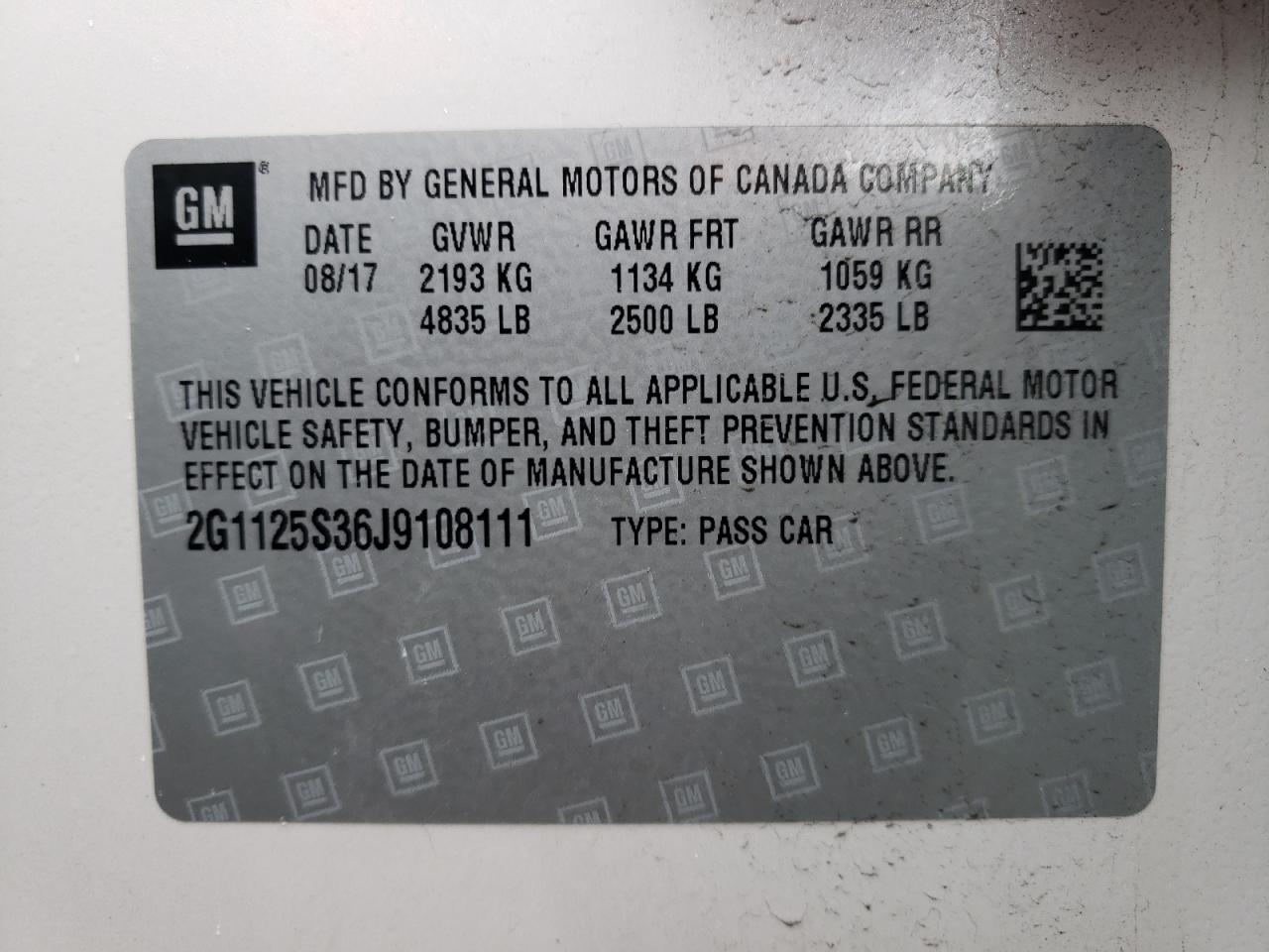 Photo 10 from auction – 2018 CHEVROLET IMPALA PRE with VIN 2G1125S36J9108111