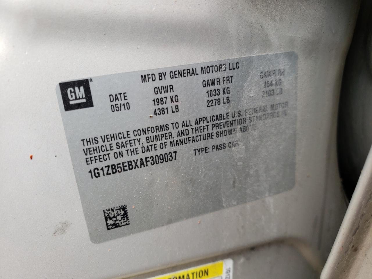 Photo 10 from auction – 2010 CHEVROLET MALIBU LS with VIN 1G1ZB5EBXAF309037