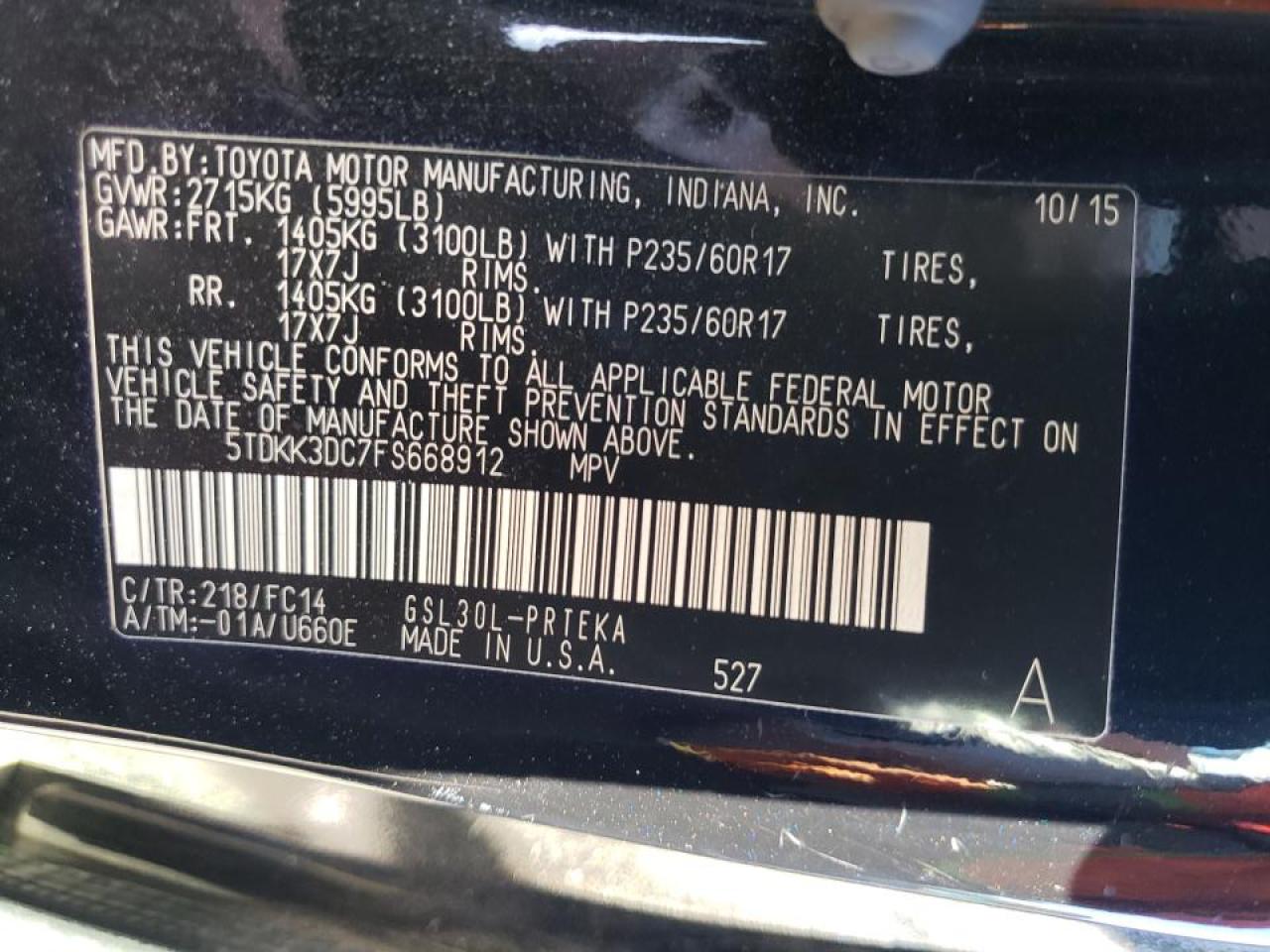 Photo 10 from auction – 2015 TOYOTA SIENNA LE with VIN 5TDKK3DC7FS668912