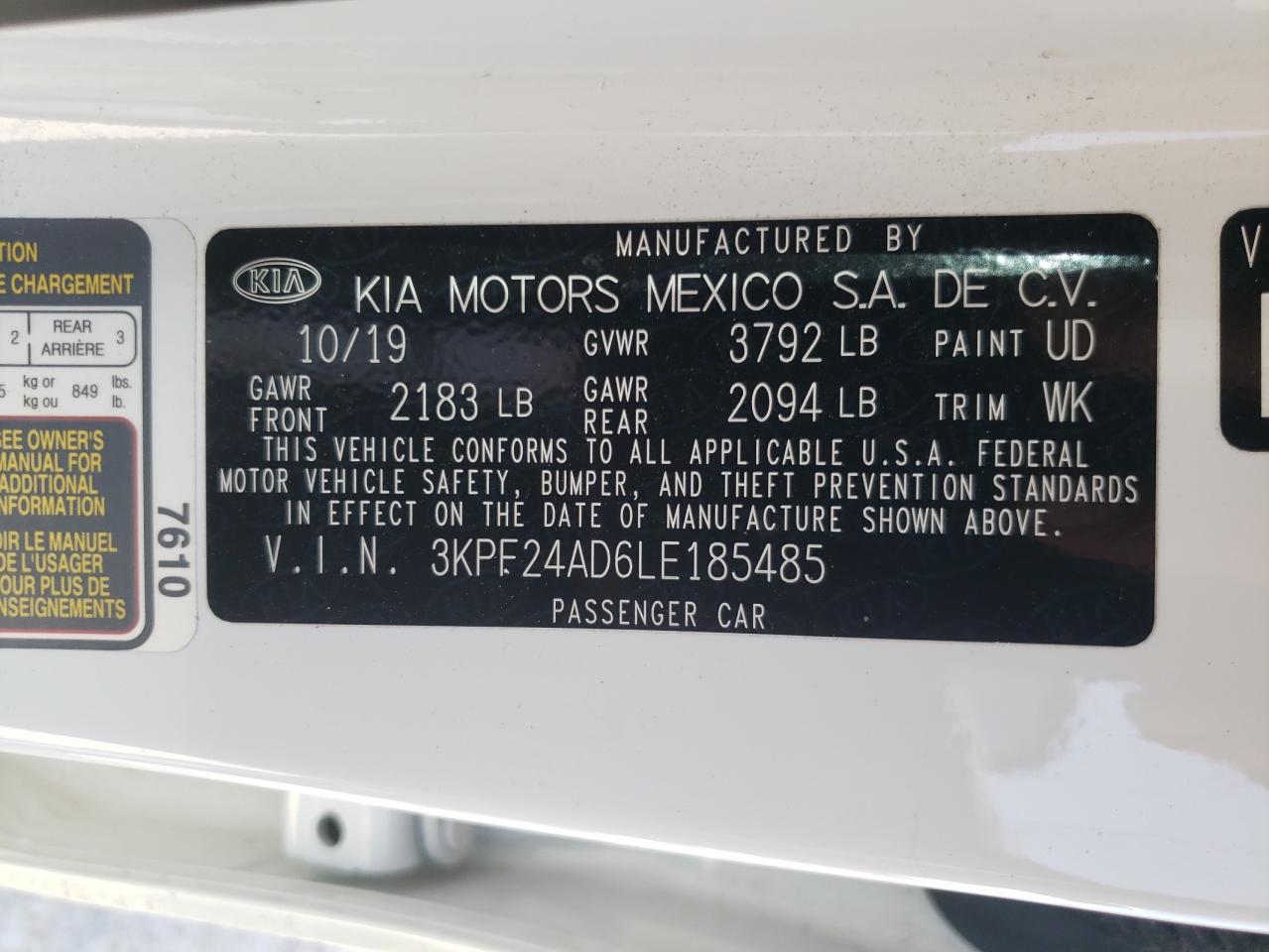 Photo 10 from auction – 2020 KIA FORTE FE with VIN 3KPF24AD6LE185485