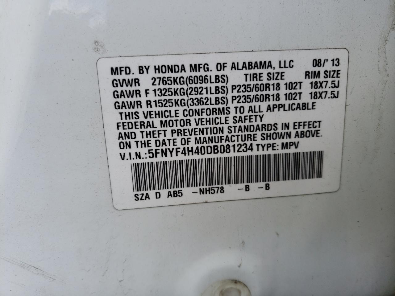 Photo 10 from auction – 2013 HONDA PILOT EX with VIN 5FNYF4H40DB081234