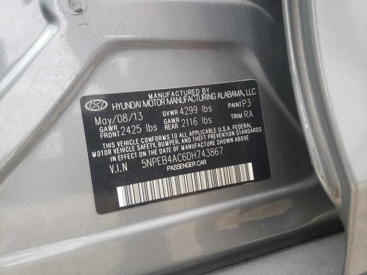 Photo 10 from auction – 2013 HYUNDAI SONATA GLS with VIN 5NPEB4AC6DH743867