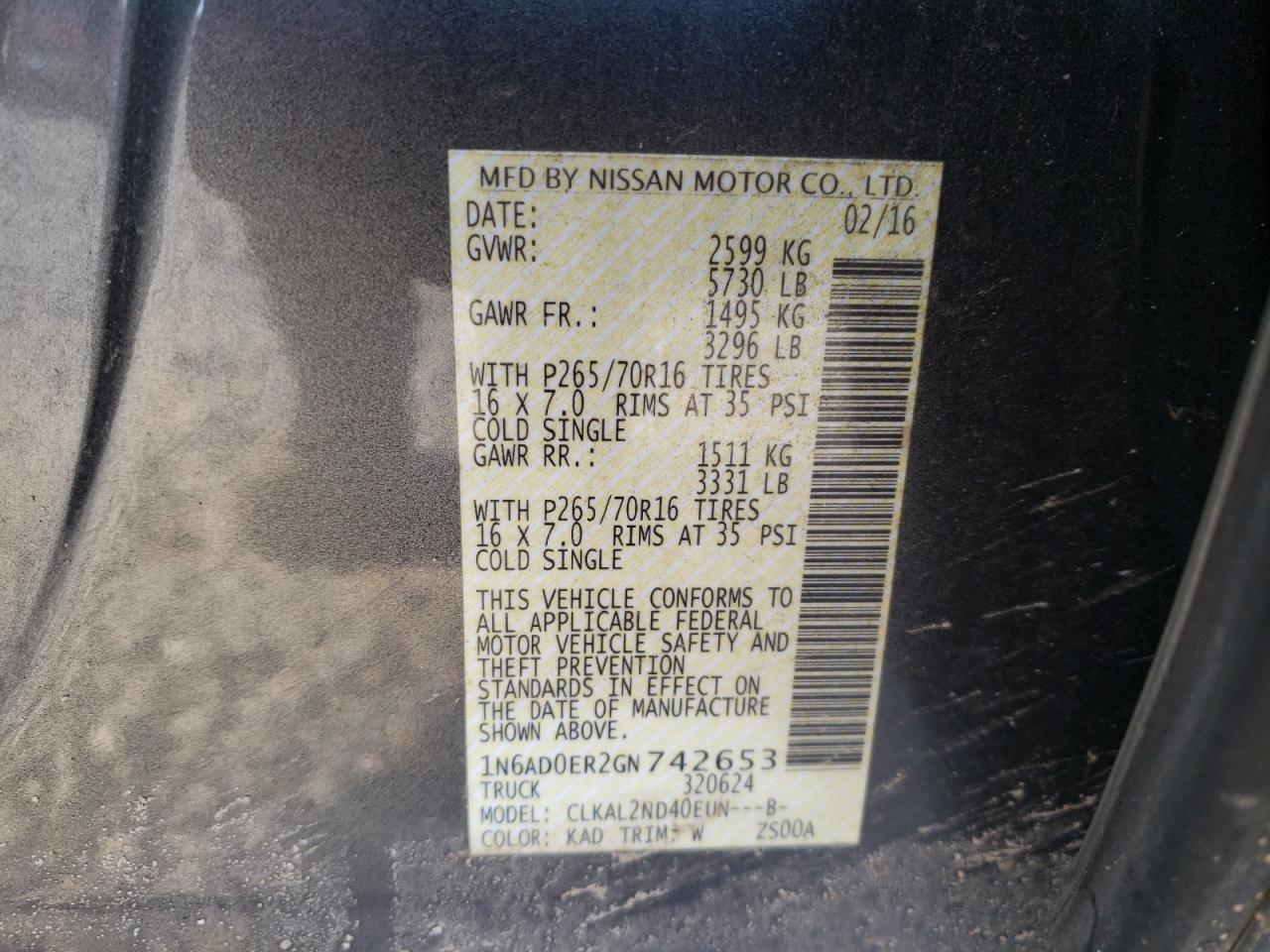 Photo 10 from auction – 2016 NISSAN FRONTIER S with VIN 1N6AD0ER2GN742653