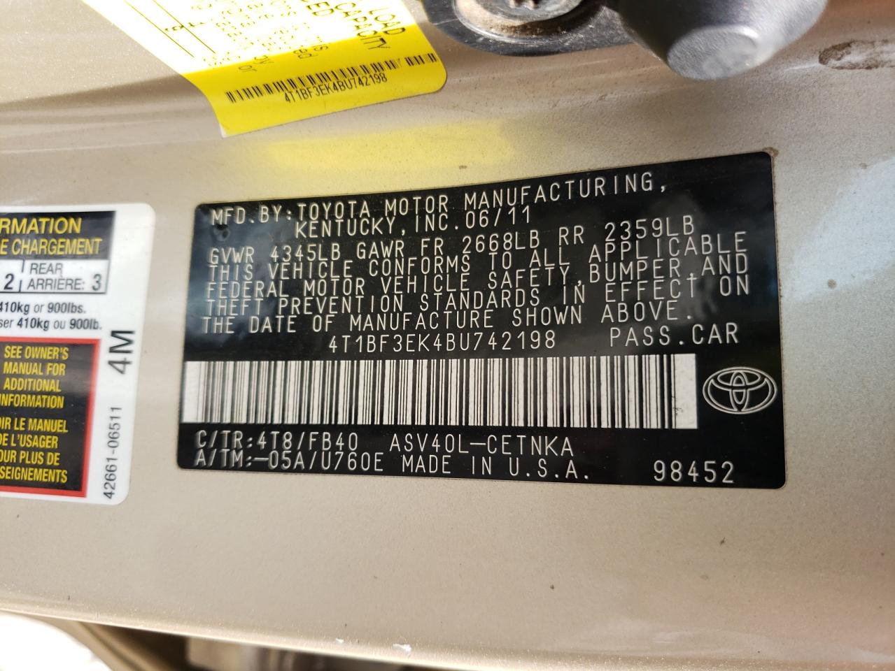 Photo 10 from auction – 2011 TOYOTA CAMRY BASE with VIN 4T1BF3EK4BU742198