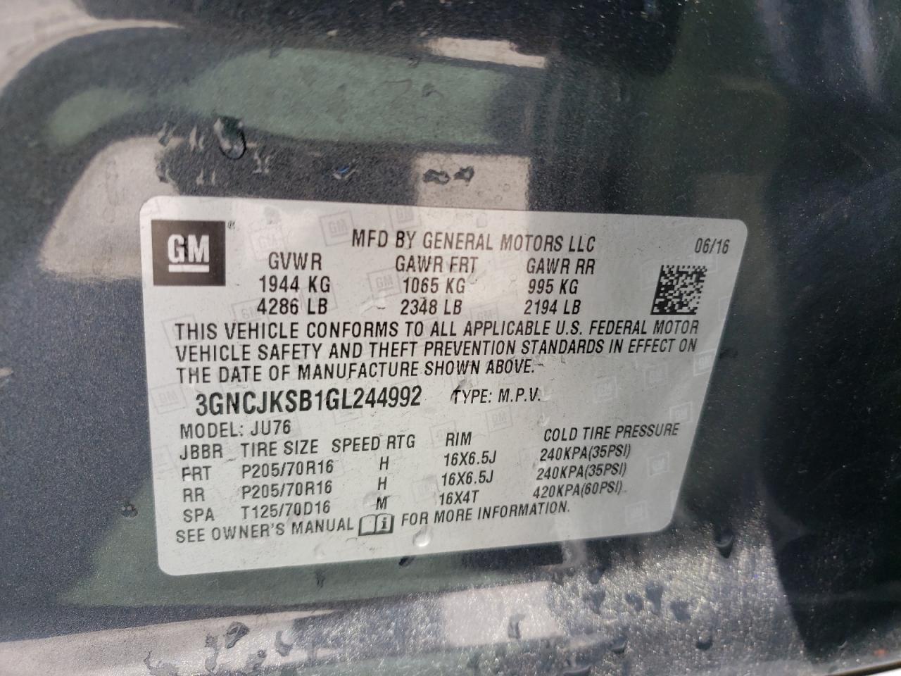 Photo 10 from auction – 2016 CHEVROLET TRAX LS with VIN 3GNCJKSB1GL244992