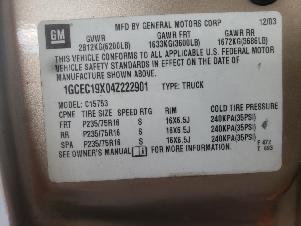 Photo 10 from auction – 2004 CHEVROLET SILVERADO with VIN 1GCEC19X04Z222901