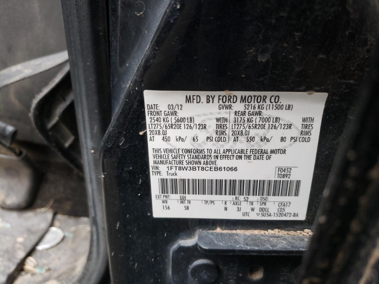 Photo 10 from auction – 2012 FORD F350 SUPER with VIN 1FT8W3BT8CEB61066