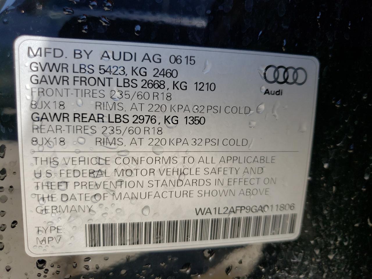 Photo 10 from auction – 2016 AUDI Q5 PREMIUM with VIN WA1L2AFP9GA011806