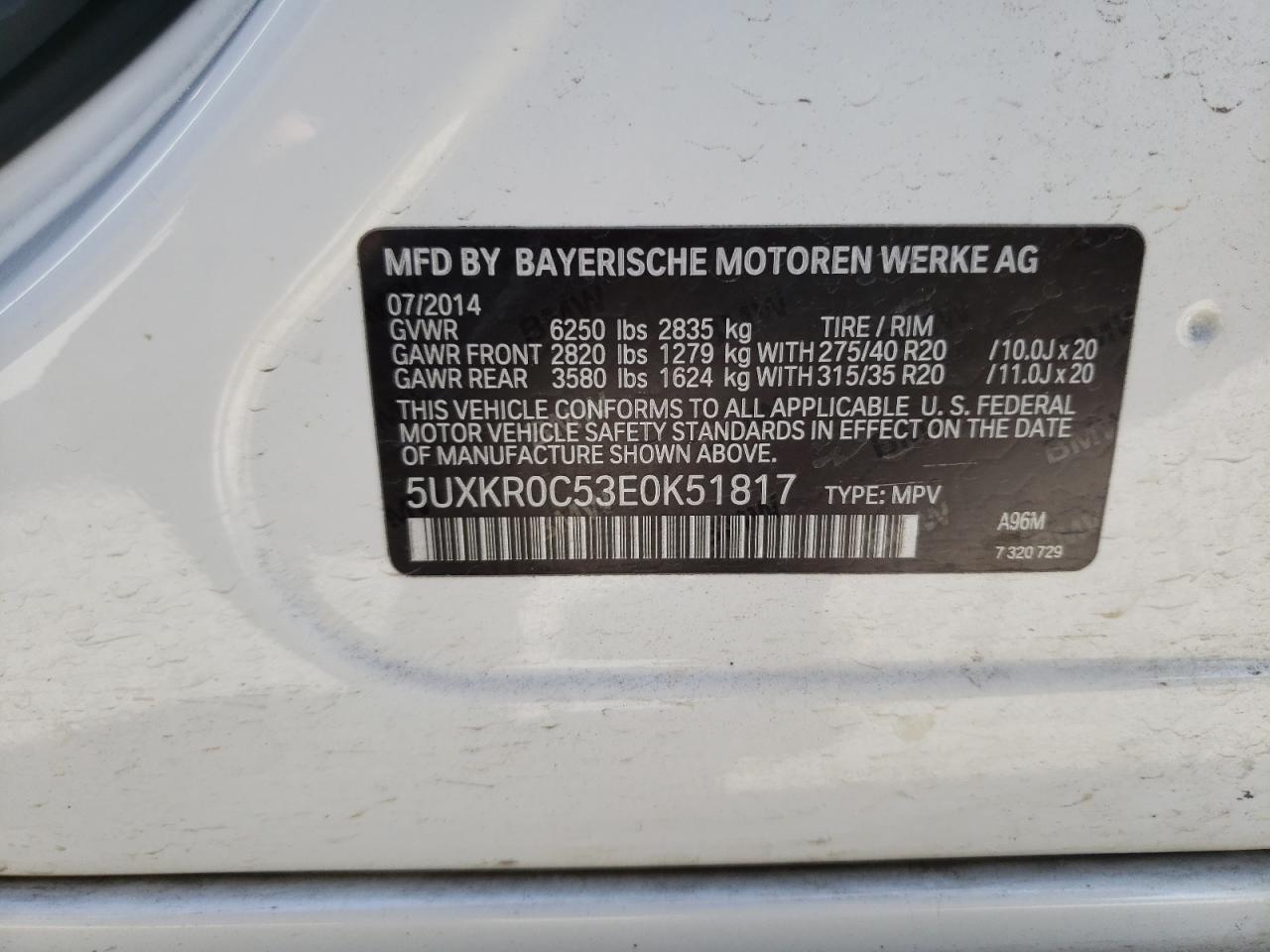 Photo 10 from auction – 2014 BMW X5 XDRIVE3 with VIN 5UXKR0C53E0K51817