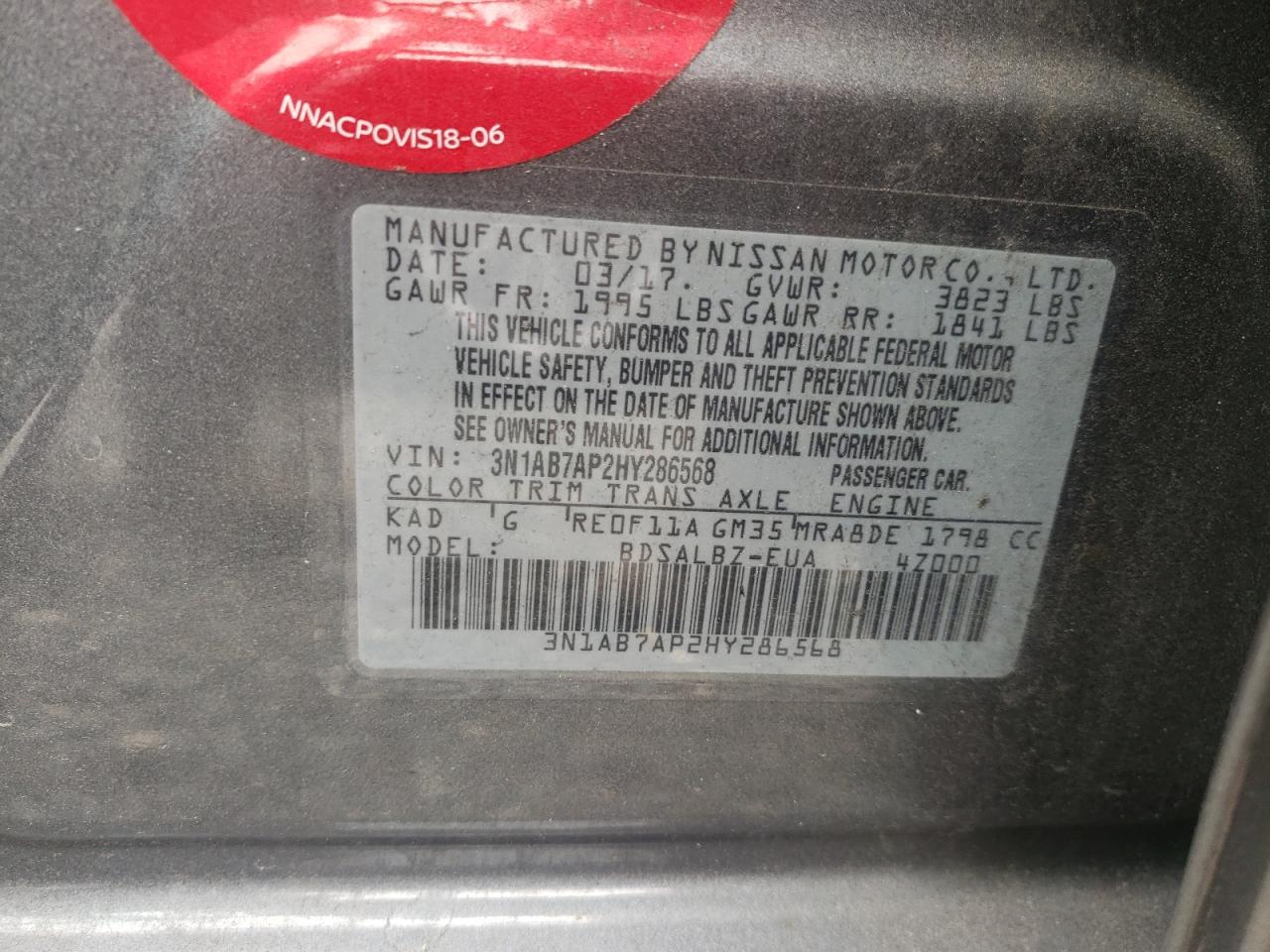Photo 10 from auction – 2017 NISSAN SENTRA S with VIN 3N1AB7AP2HY286568
