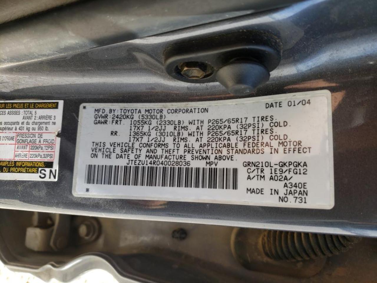 Photo 10 from auction – 2004 TOYOTA 4RUNNER SR with VIN JTEZU14R040028036