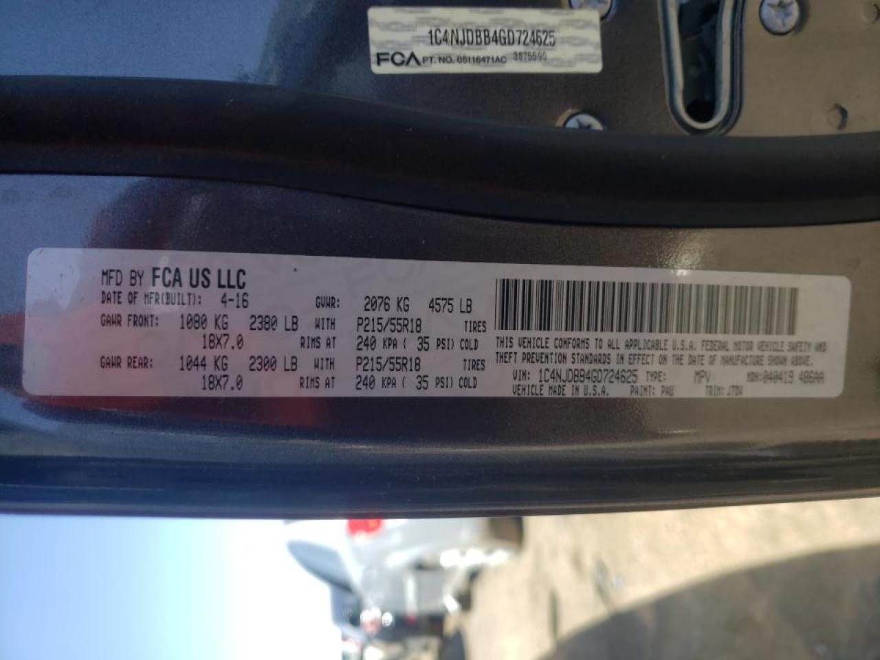 Photo 10 from auction – 2016 JEEP COMPASS SP with VIN 1C4NJDBB4GD724625