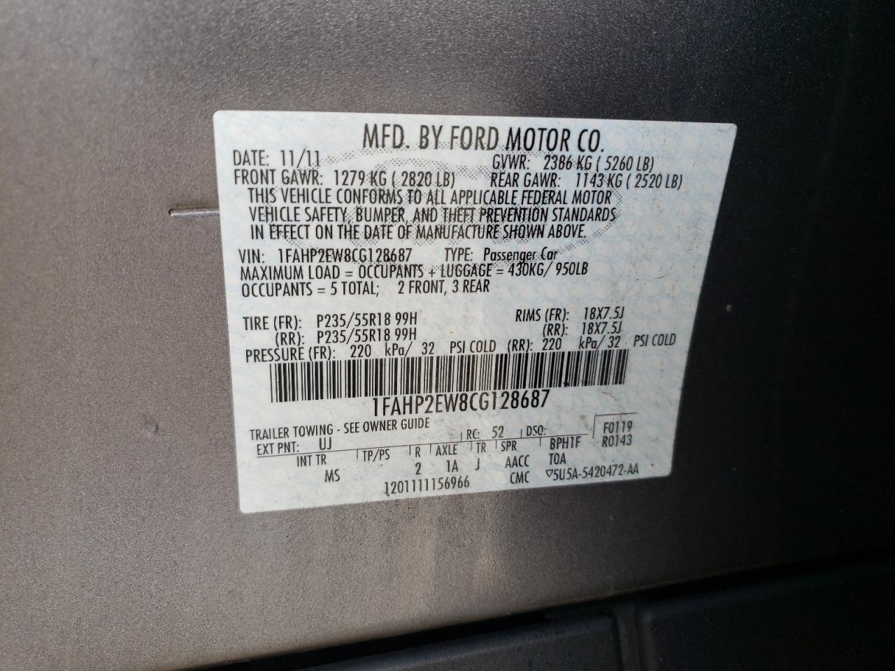 Photo 10 from auction – 2012 FORD TAURUS SEL with VIN 1FAHP2EW8CG128687