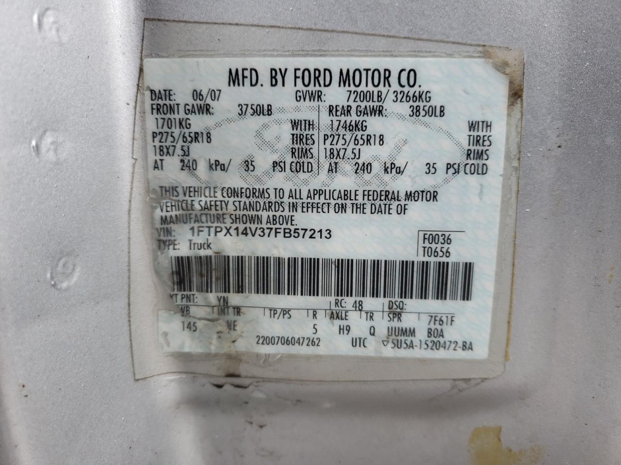 Photo 10 from auction – 2007 FORD F150 with VIN 1FTPX14V37FB57213