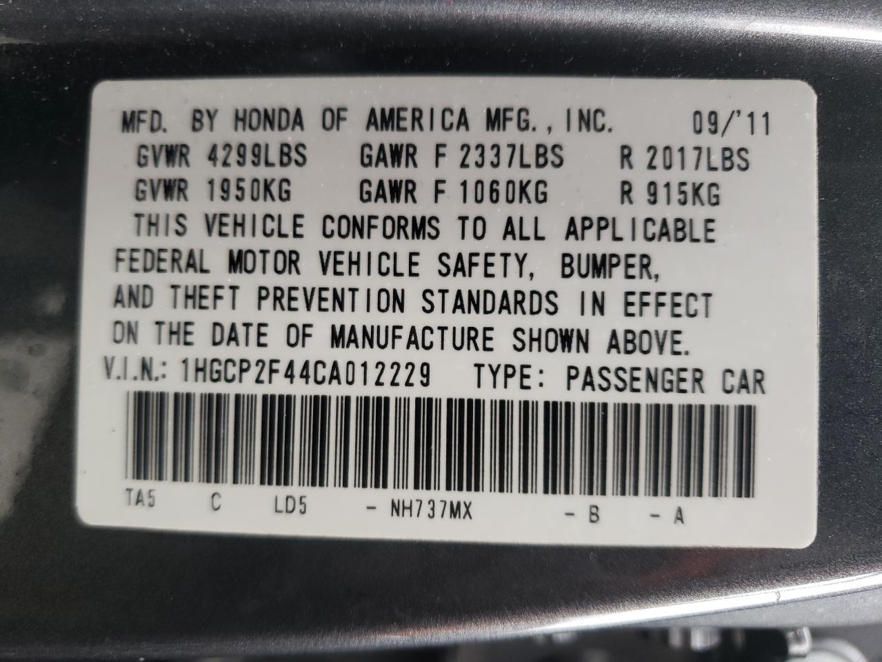Photo 10 from auction – 2012 HONDA ACCORD LXP with VIN 1HGCP2F44CA012229