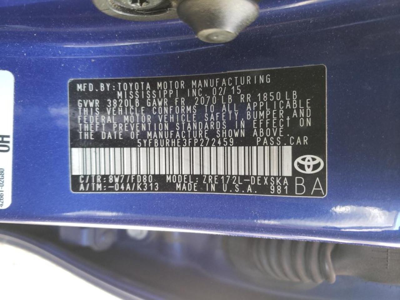 Photo 10 from auction – 2015 TOYOTA COROLLA L with VIN 5YFBURHE3FP272459