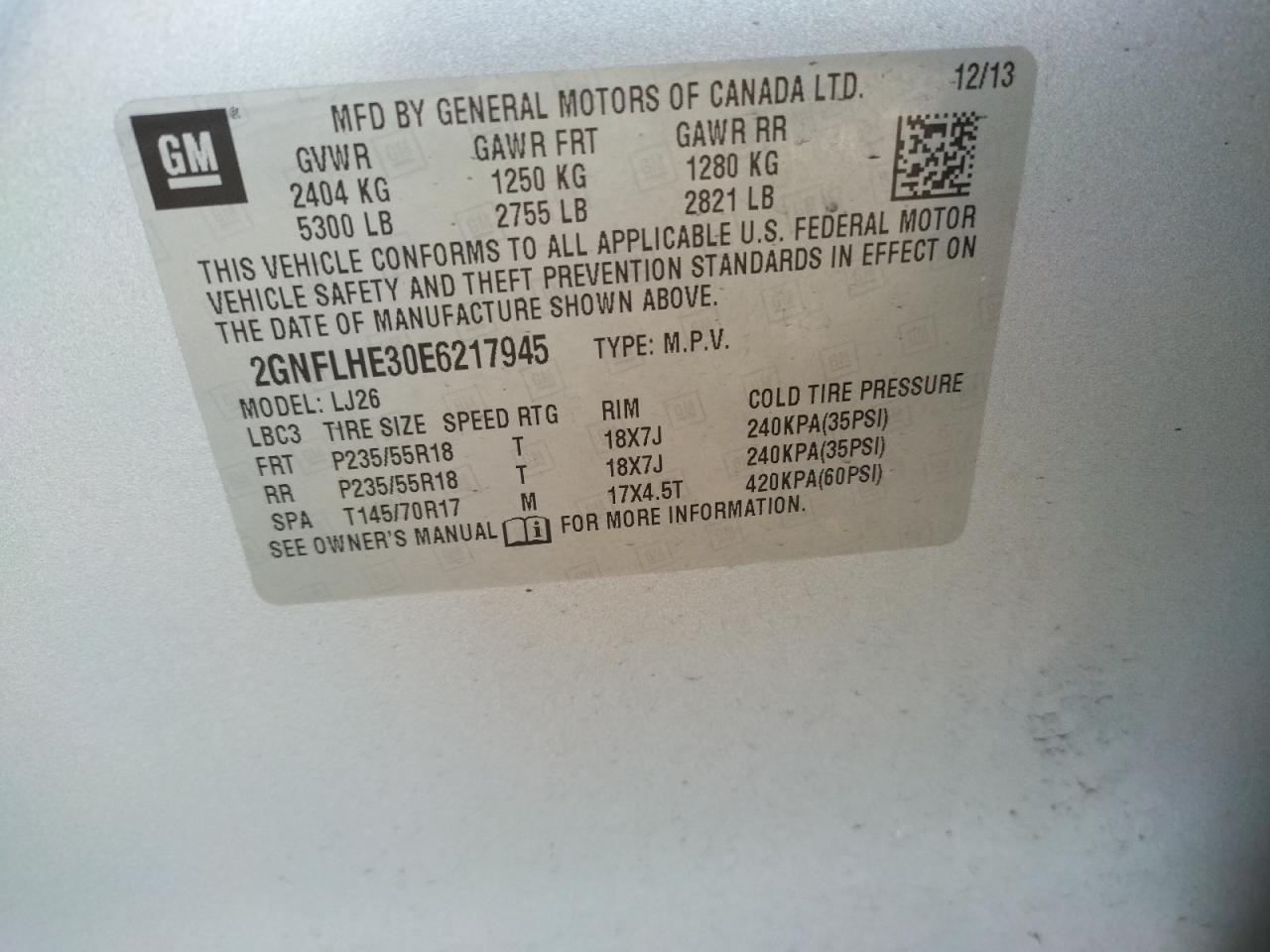 Photo 10 from auction – 2014 CHEVROLET EQUINOX LT with VIN 2GNFLHE30E6217945