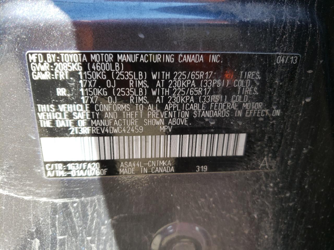 Photo 10 from auction – 2013 TOYOTA RAV4 XLE with VIN 2T3RFREV4DW042459