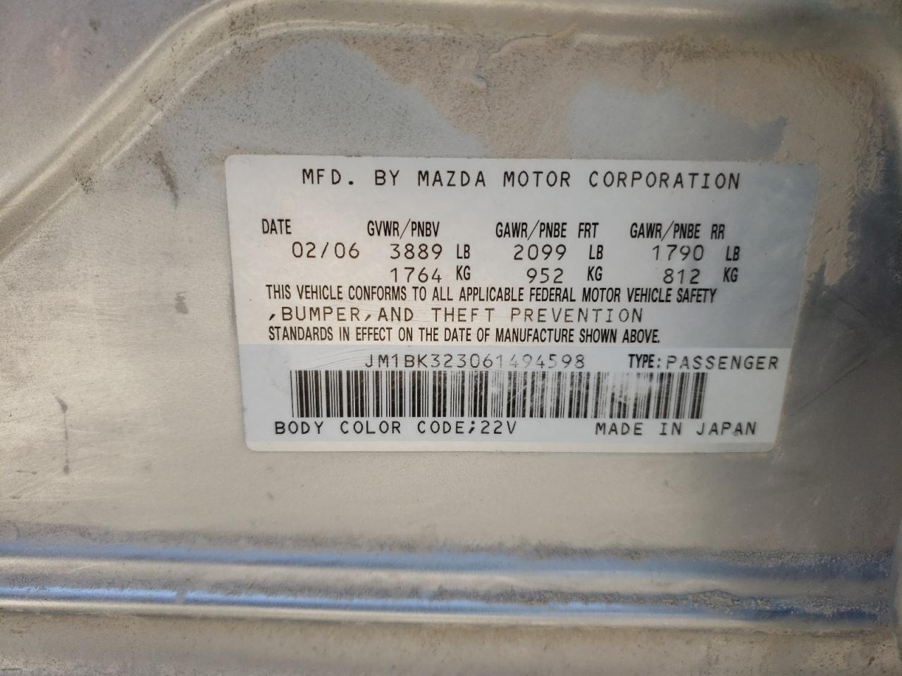 Photo 10 from auction – 2006 MAZDA 3 S with VIN JM1BK323061494598