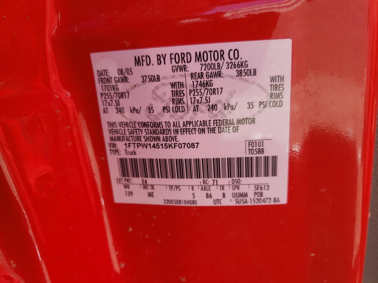 Photo 10 from auction – 2005 FORD F150 SUPER with VIN 1FTPW14515KF07087