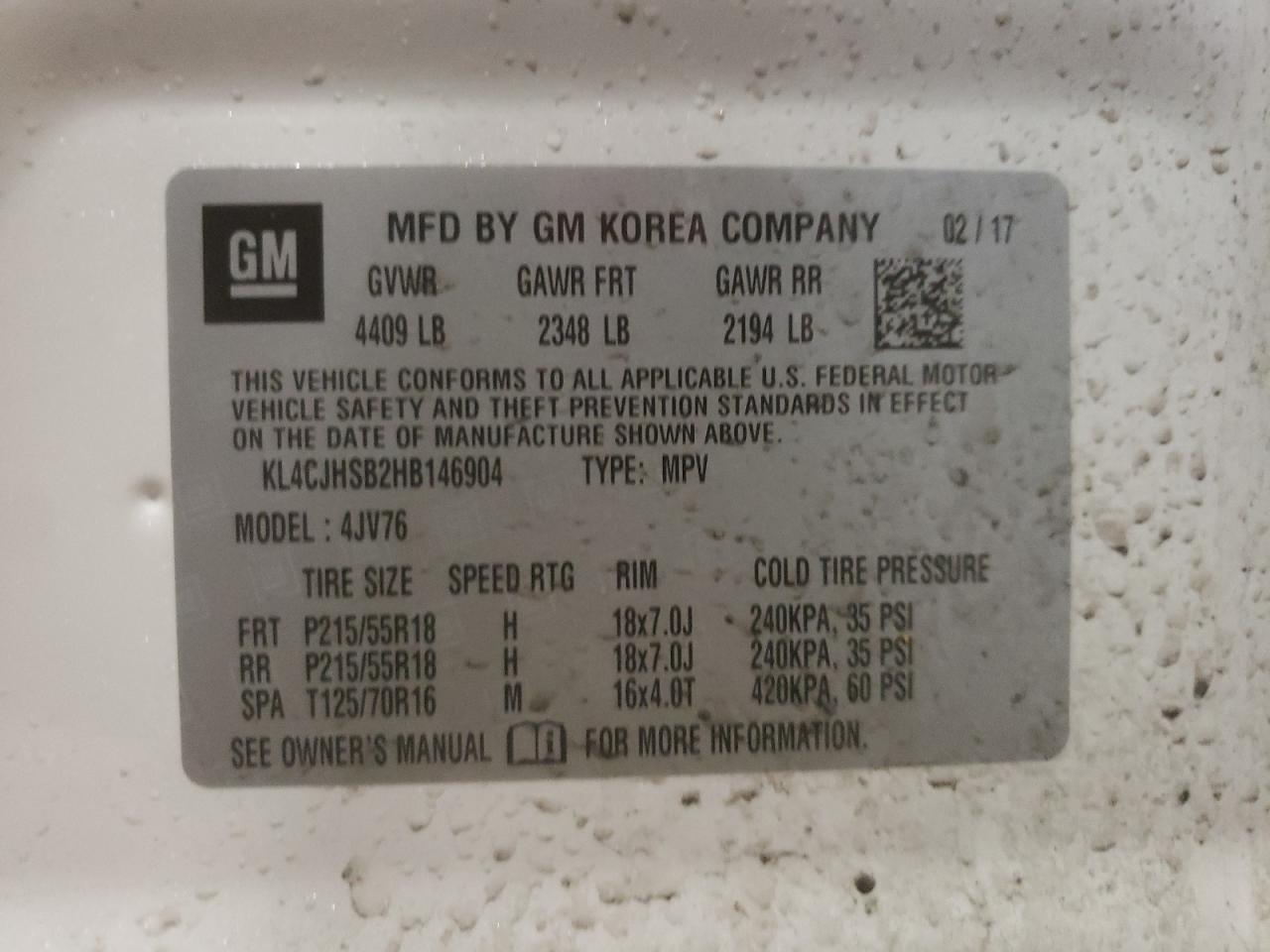 Photo 10 from auction – 2017 BUICK ENCORE PRE with VIN KL4CJHSB2HB146904
