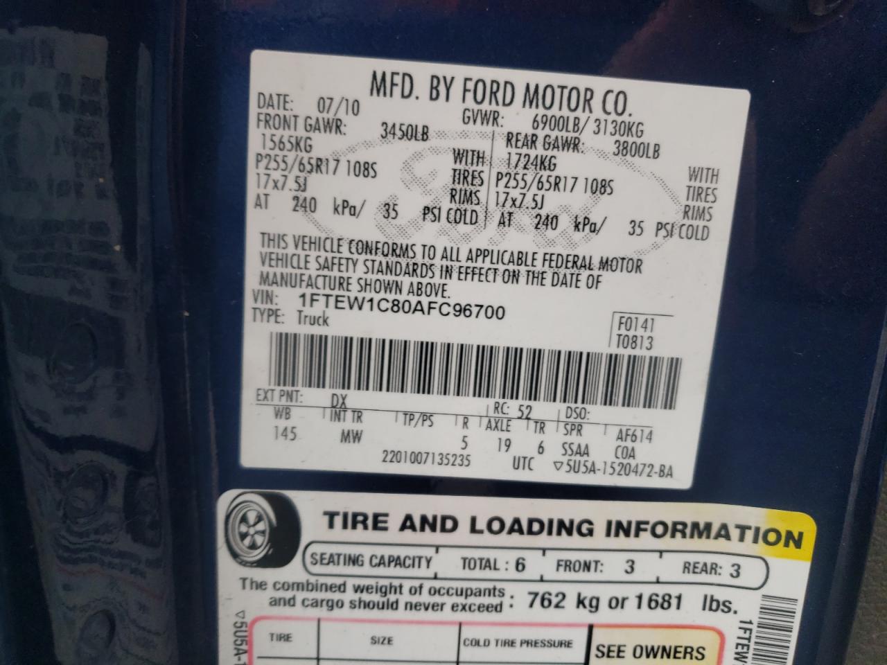 Photo 10 from auction – 2010 FORD F150 SUPER with VIN 1FTEW1C80AFC96700