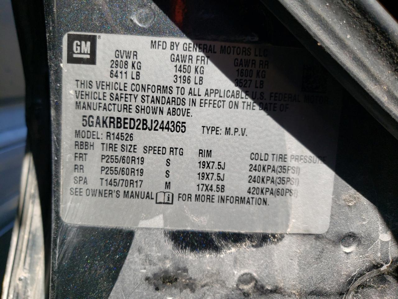 Photo 10 from auction – 2011 BUICK ENCLAVE CX with VIN 5GAKRBED2BJ244365