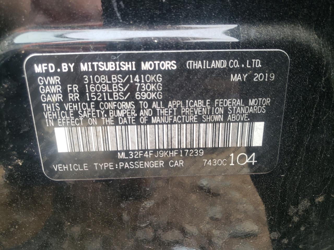 Photo 10 from auction – 2019 MITSUBISHI MIRAGE G4 with VIN ML32F4FJ9KHF17239