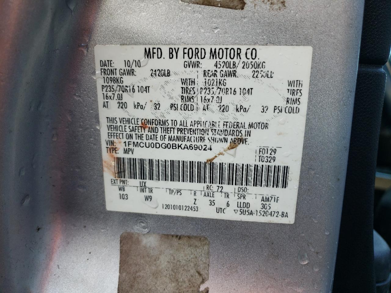 Photo 10 from auction – 2011 FORD ESCAPE XLT with VIN 1FMCU0DG0BKA69024