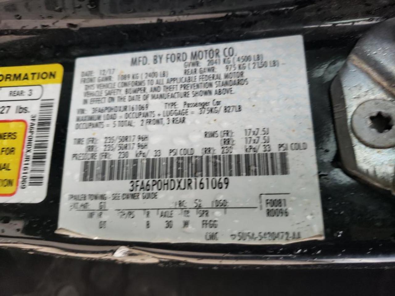 Photo 10 from auction – 2018 FORD FUSION SE with VIN 3FA6P0HDXJR161069