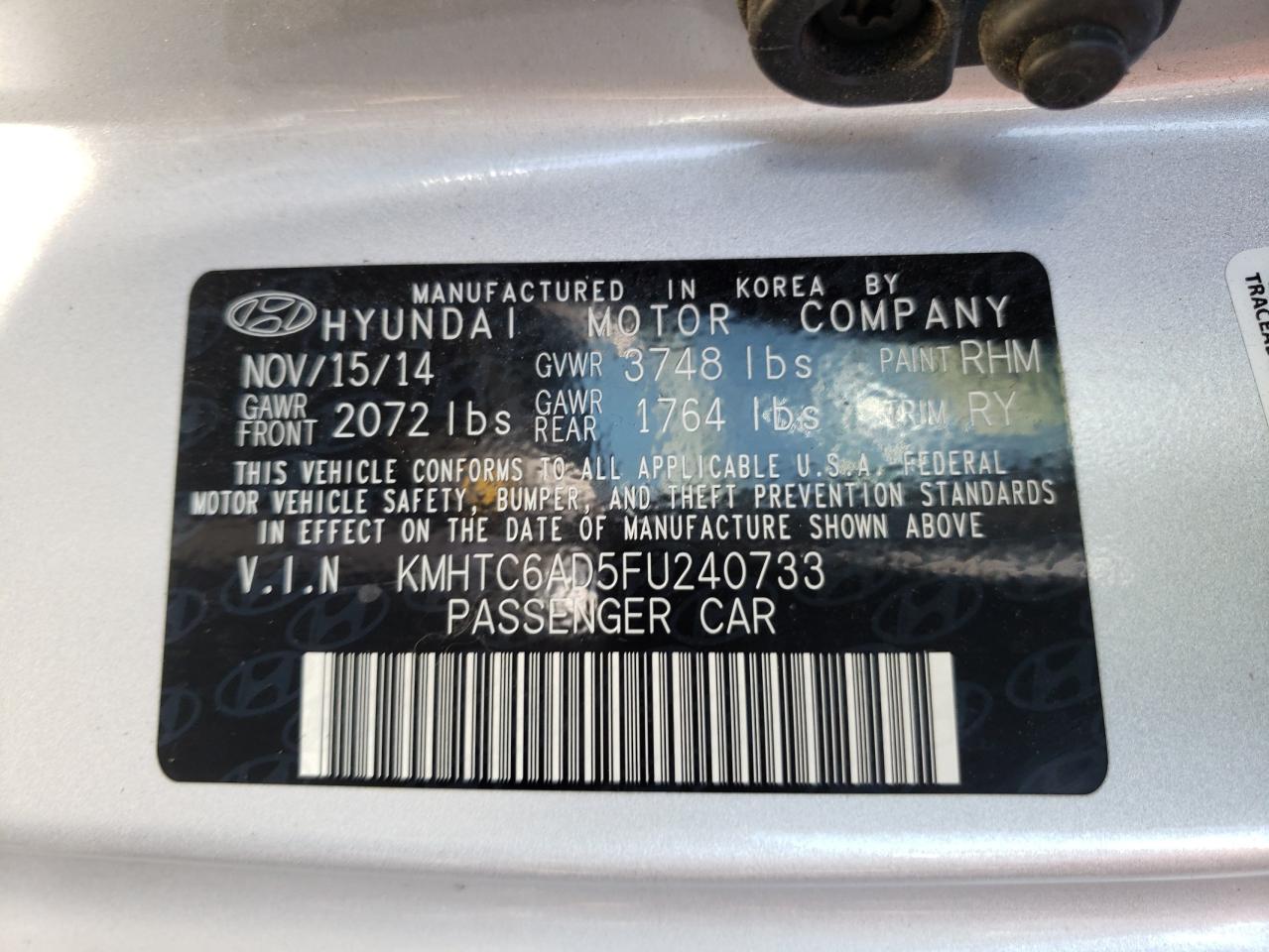 Photo 10 from auction – 2015 HYUNDAI VELOSTER with VIN KMHTC6AD5FU240733