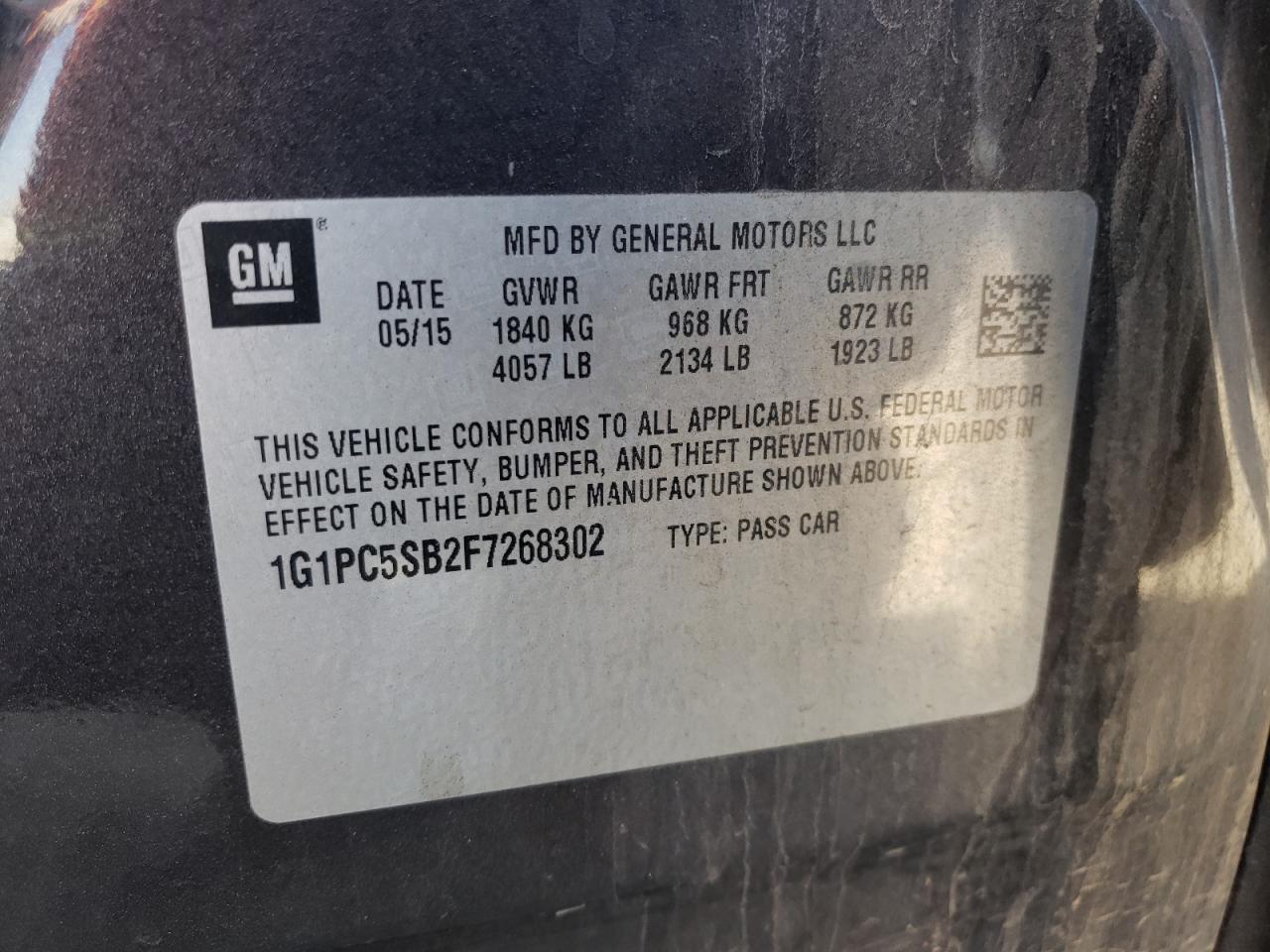 Photo 10 from auction – 2015 CHEVROLET CRUZE LT with VIN 1G1PC5SB2F7268302