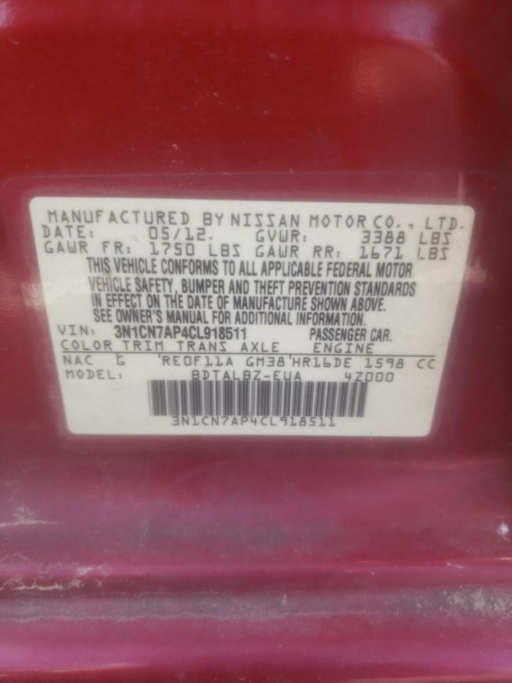 Photo 10 from auction – 2012 NISSAN VERSA S with VIN 3N1CN7AP4CL918511
