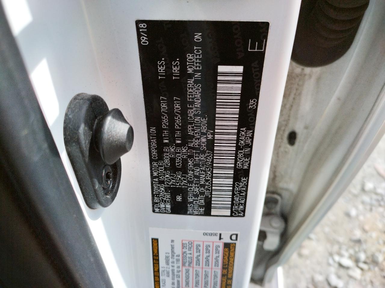 Photo 10 from auction – 2019 TOYOTA 4RUNNER SR with VIN JTEZU5JR6K5194637