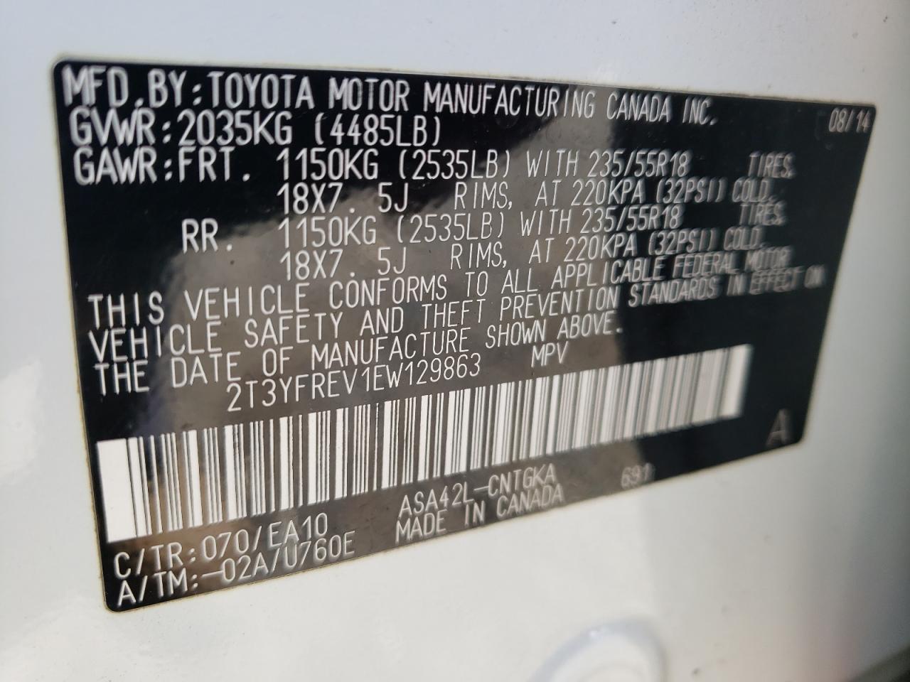 Photo 10 from auction – 2014 TOYOTA RAV4 LIMIT with VIN 2T3YFREV1EW129863