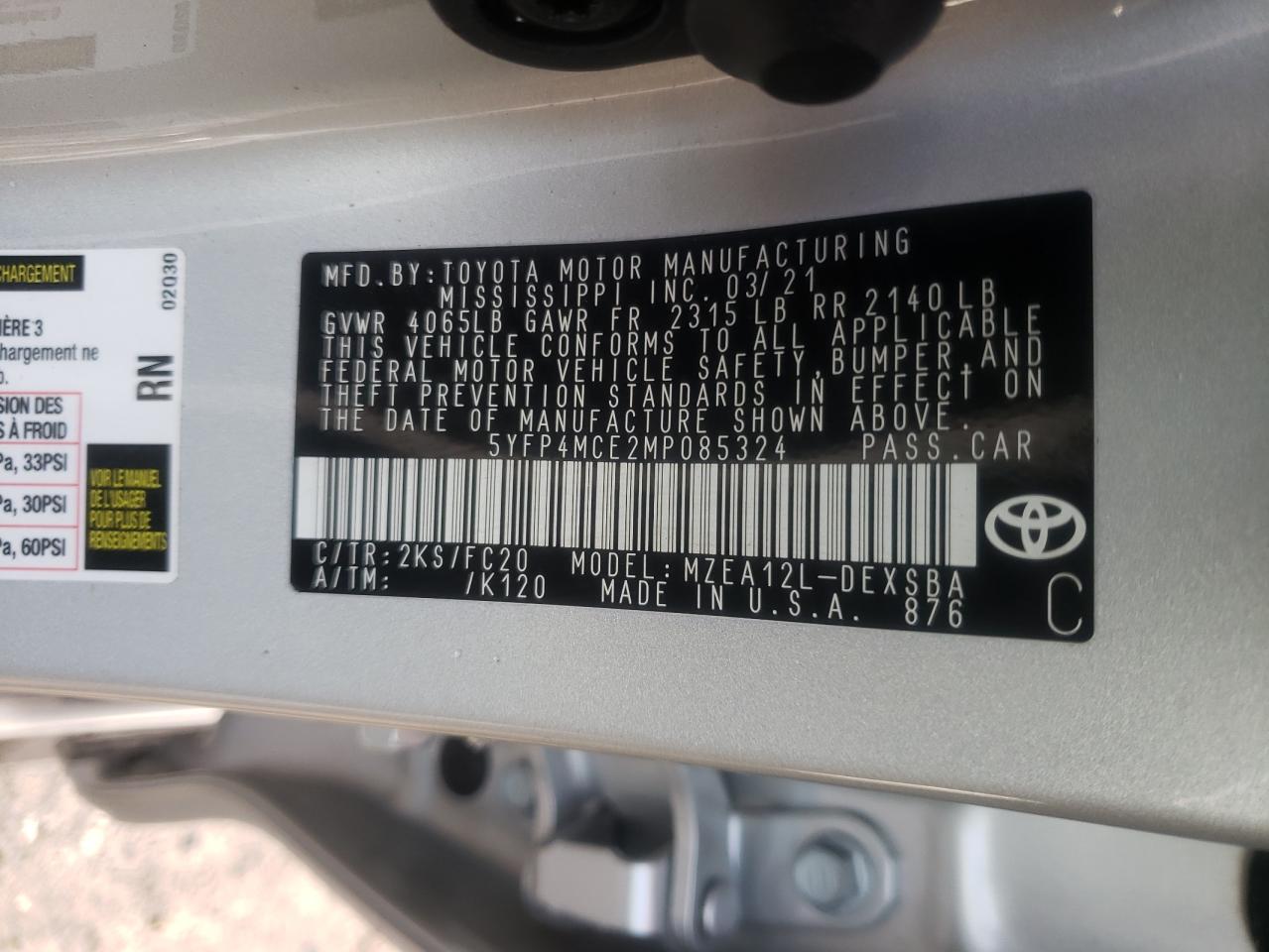 Photo 10 from auction – 2021 TOYOTA COROLLA SE with VIN 5YFP4MCE2MP085324