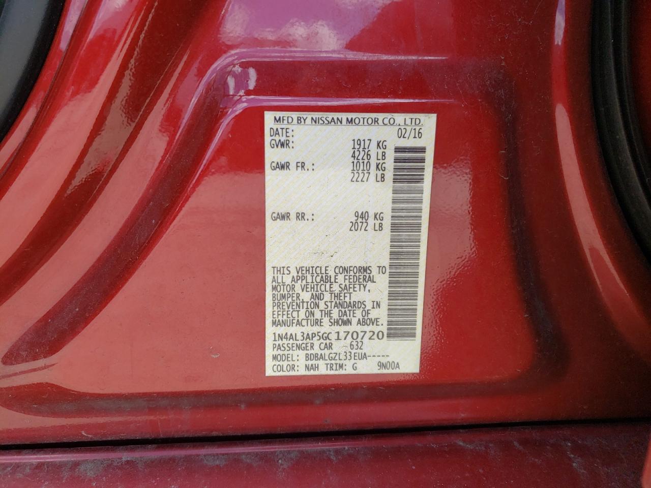 Photo 10 from auction – 2016 NISSAN ALTIMA 2.5 with VIN 1N4AL3AP5GC170720