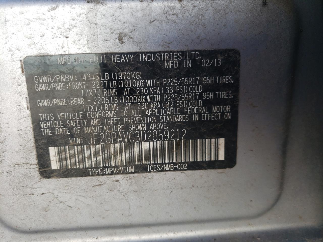 Photo 10 from auction – 2013 SUBARU XV CROSSTR with VIN JF2GPAVC3D2859212