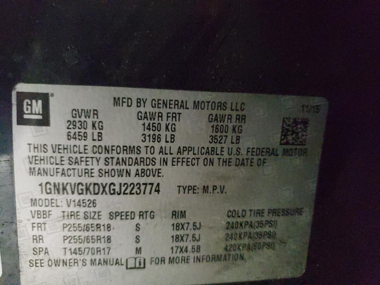 Photo 10 from auction – 2016 CHEVROLET TRAVERSE L with VIN 1GNKVGKDXGJ223774